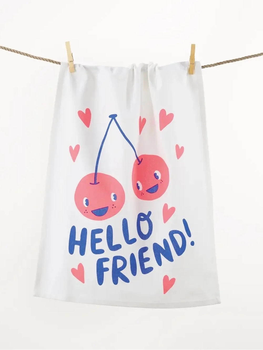 Hello Friend! Pink Cherry Print White Kitchen Tea Towel Set of 2 NEW